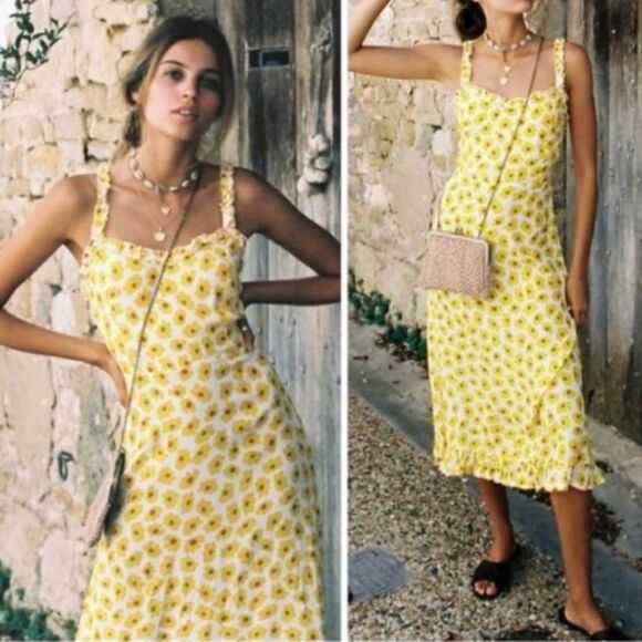 Faithfull the Brand Noemie Dress Size 8 US Yellow Floral Midi Ruffle Hem Smocked - Picture 9 of 14